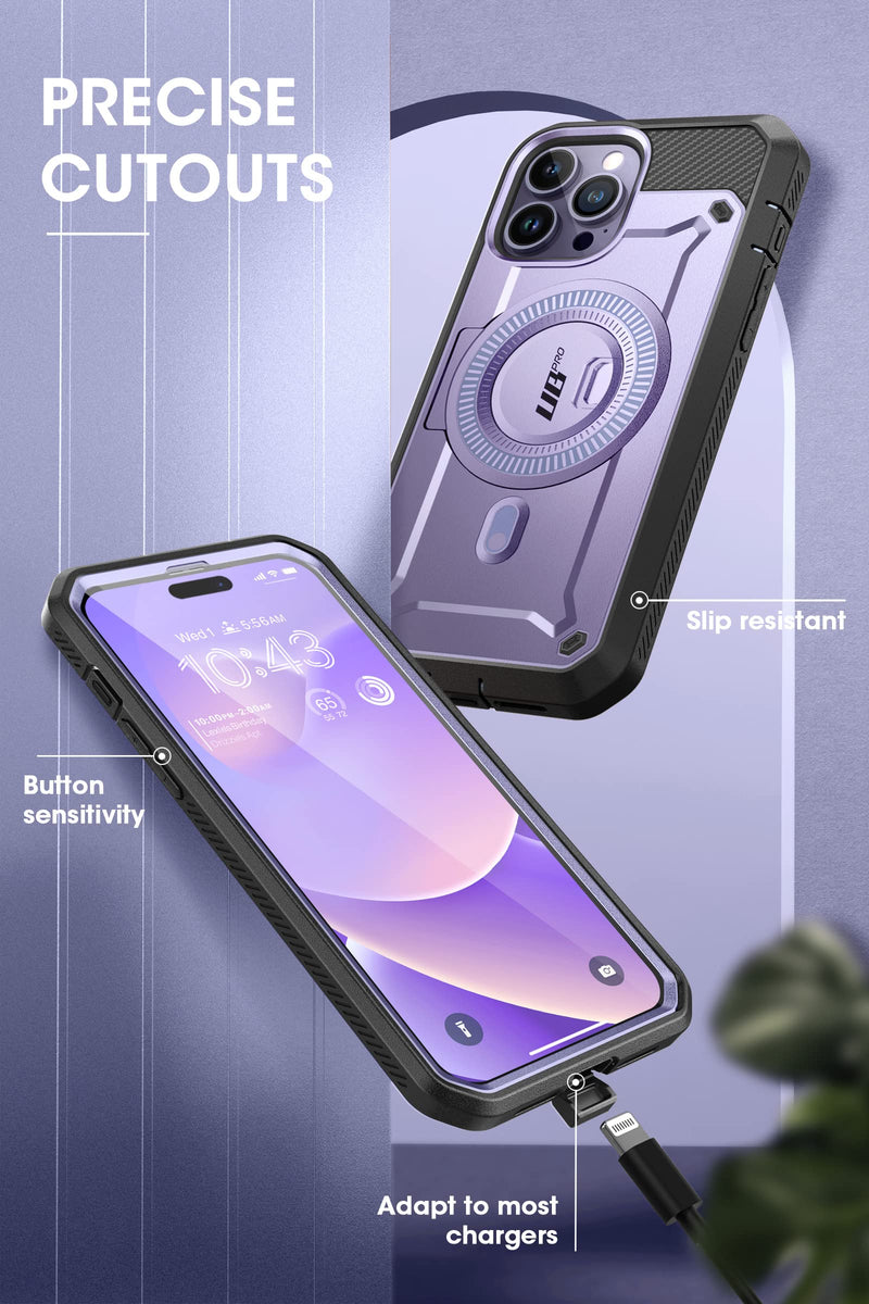 SUPCASE for iPhone 14 Pro Max Case, Compatible with MagSafe, Mauve | Built-in Screen Protector, Military-Grade Protection, Belt-Clip, Heavy Duty Shockproof, Unicorn Beetle Pro Mag Purple