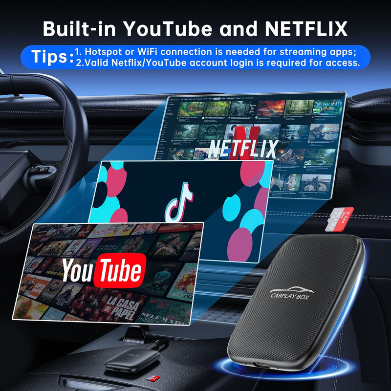 6-in-1 Magic Video Box for Netflix/YouTube, Wireless CarPlay Adapter & Android Auto Wireless Adapter Convert Wired to Wireles Carplay Dongle for OEM Wired CarPlay Cars, TF Card Playback, Plug & Play Compact