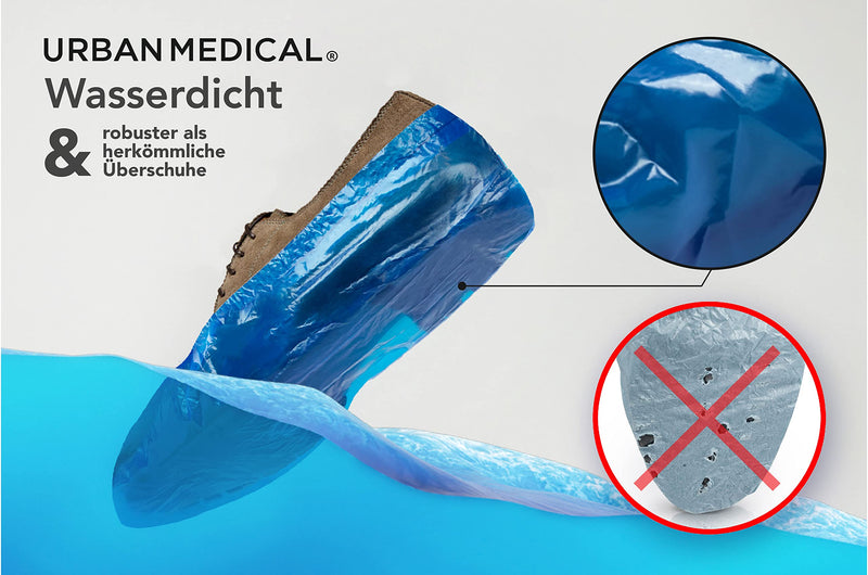URBAN MEDICAL 100 x Waterproof 5.5 g Disposable / Reusable Shoe Covers - Solid Dry - Tear-Resistant & Puncture Proof - Overshoes for Indoor and Outdoor Use - One Size