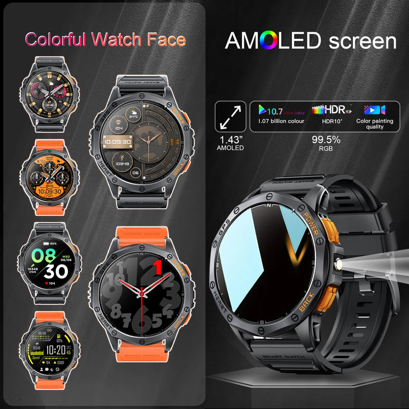 Military Smart Watch for Men, Built-in GPS, 30-day standby, 1.43" AMOLED | Compass & Altimeter for outdoors，Tactical flashlight, 170+ Sport Modes & Bluetooth Calls. iOS/Android Compatible. Black & Orange (2 Bands)