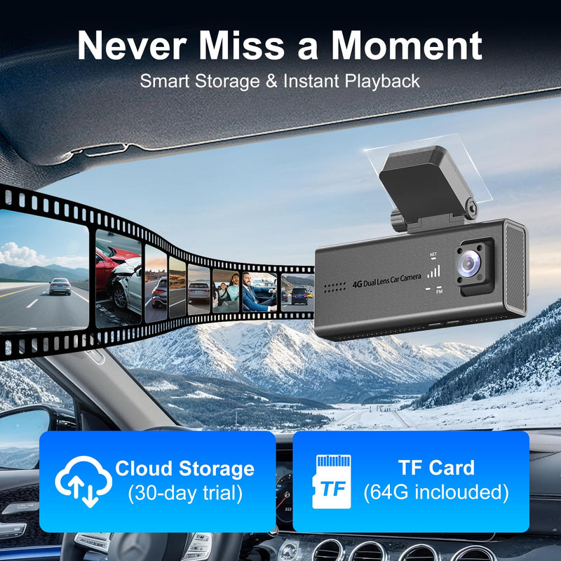 4G LTE Car Dash Cam Front and Cabin Camera,Car Camera with SIM Card (No WiFi),64GB SD Card,Dashcam with Night Vision,Remote Live-View,24/7 Parking Mode,Radar Motion Detection,GPS Tracking,OBD Power