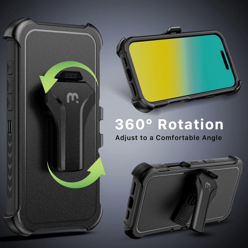 M MYBAT PRO Maverick Series for iPhone 16 Pro Case with Belt Clip Holster,[Compatible with Magsafe] w/Screen Protector,Anti-Drop,Shockproof,with 360°Rotating Kickstand,Heavy Duty Protection Black