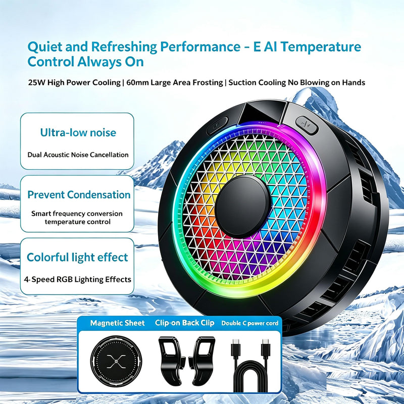 Magnetic Cell Phone Cooler for Gaming, 24W Cellphone Cooling Fan with RGB | Silent Phone Cooler with Screen Display, Four-speed Smart Temp Control Phone Radiator for iPhone Android Series Phone Tablet