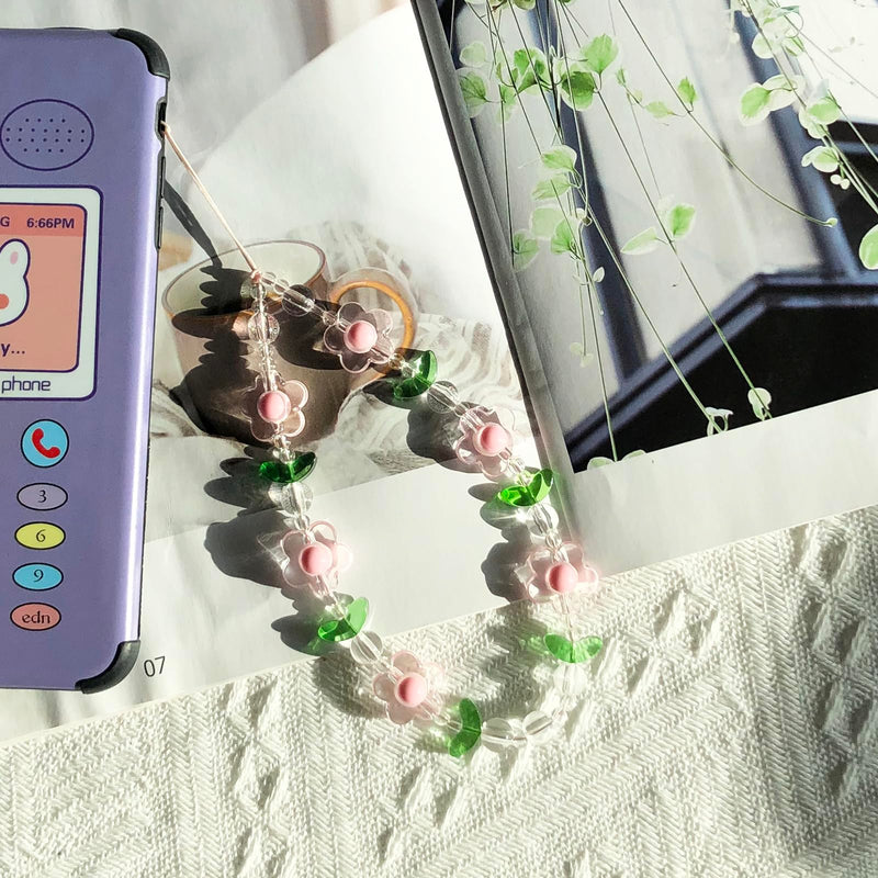Flower Phone Charm Cute Phone Charms Strap Beaded Phone Keychain Pearl Phone Lanyard for Women Girls Style #1- Flower Orange&Pink