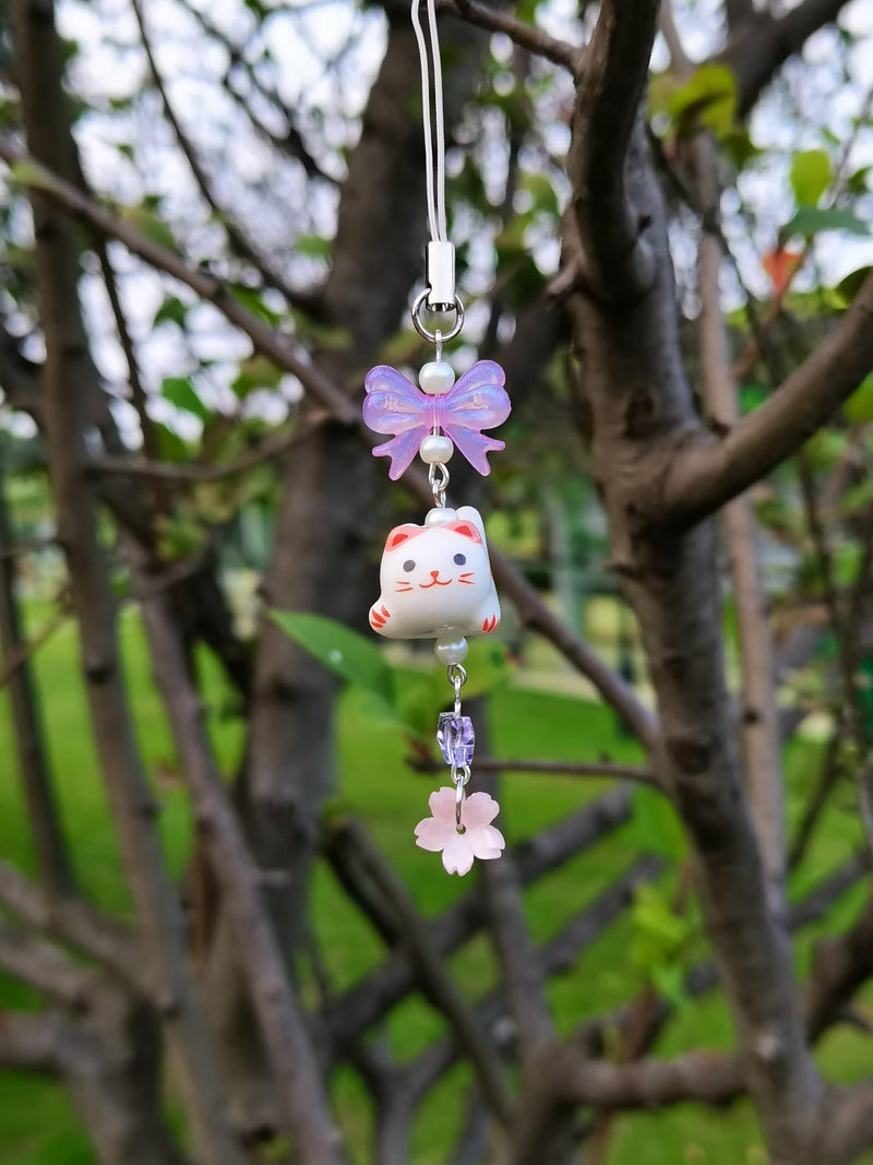 Cute Lazy Cat Phone Charm Bow Flower Fish Butterfly Beaded Aesthetic Keychain Charm Phone Charm Accessories pink
