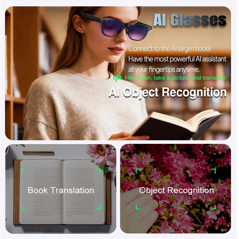 AI Smart Glasses with Camera, 8MP Camera 1080P HD Video Recording & Photos | Real-Time Translation, Voice Assistant, Open Earbuds for Vlogging, Travel, Business (3 Lenses)