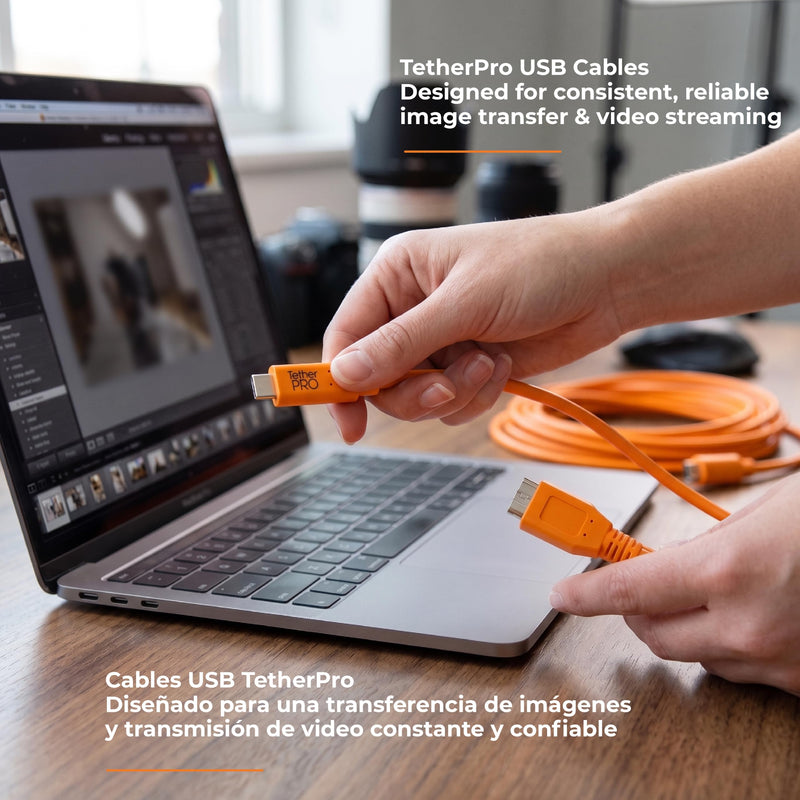 Tether Tools TetherPro USB-C to USB 3.0 Micro-B Cable | for Fast Transfer and Connection Between Camera and Computer | High Visibility Orange | 15 Feet (4.6 m) | 15ft USB-C to Micro-B 3.0 cable with shielding and reversible connector for tethering, dat...
