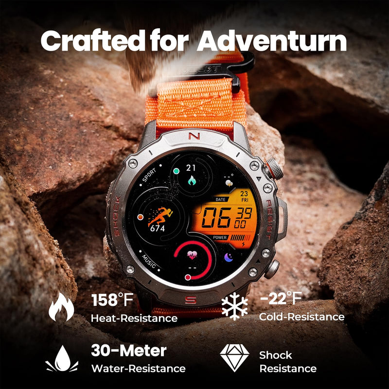 WalkerFit Smart Watch for Men, Rugged Tactical Fitness Tracker with 1.43" AMOLED Display, Bluetooth Calls, 5ATM Waterproof, 170+ Sports, SpO2/Heart Rate Monitor, 2 Bands, iPhone/Android Compatible