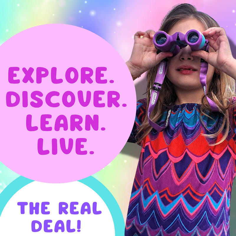 Kids Binoculars 8x21 Pink- Girls Age 3-12, Shock Proof Compact Binoculars for Kids Set- Neck Strap, Compass, Carabiner, Case- High-Resolution Optics Child Gift Toy for Bird Watching, Hiking, Spy Pink/Blue