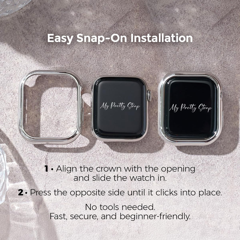 My Pretty Strap Silver Apple Watch Band & Glossy XOXO Protective Case Bundle – Elegant Stainless Steel Strap & Luxury Metal Cover for Apple Watch Series 1-11, SE & Ultra (41MM) Queen Vogue