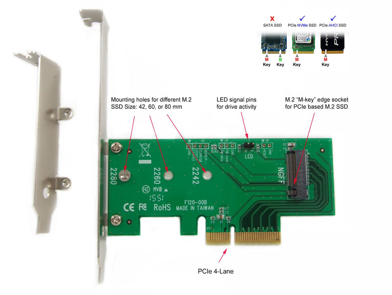 Ableconn PEXM2-SSD M.2 NGFF PCIe SSD to PCI Express x4 Host Adapter Card - Support M.2 PCIe (NVMe or AHCI) Type 2280, 2260, 2242 PCIe M.2 (M-Key)