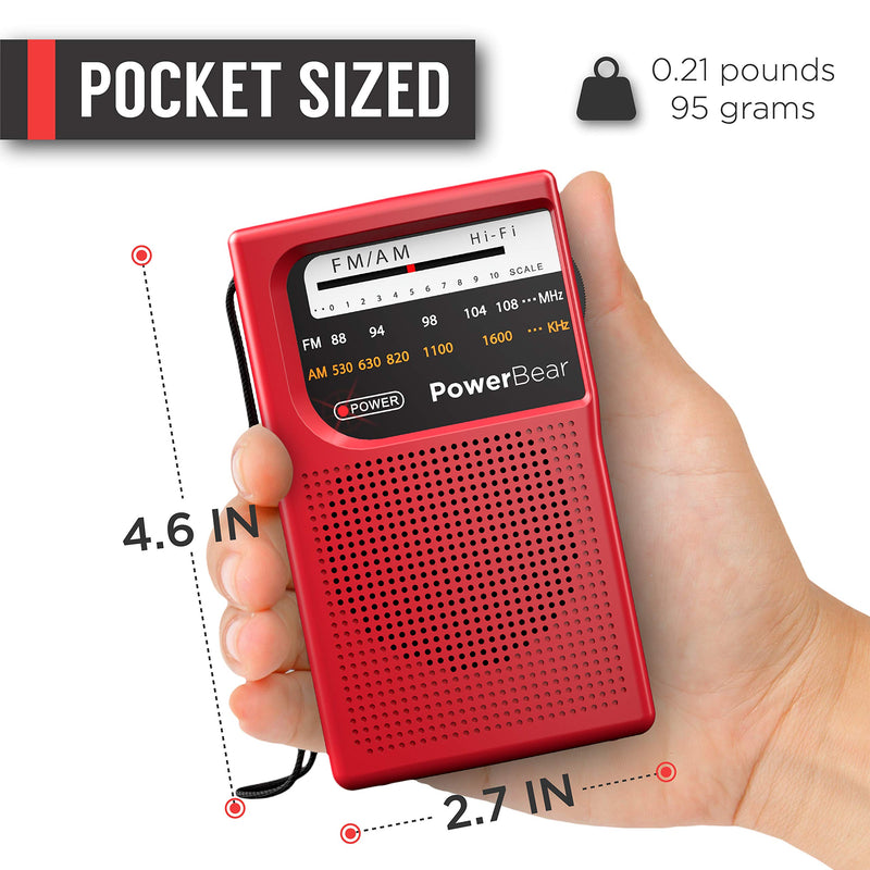 PowerBear Portable Radio | AM/FM, 2AA Battery Operated with Long Range Reception for Indoor, Outdoor & Emergency Use | Radio with Speaker & Headphone Jack (Red) Red