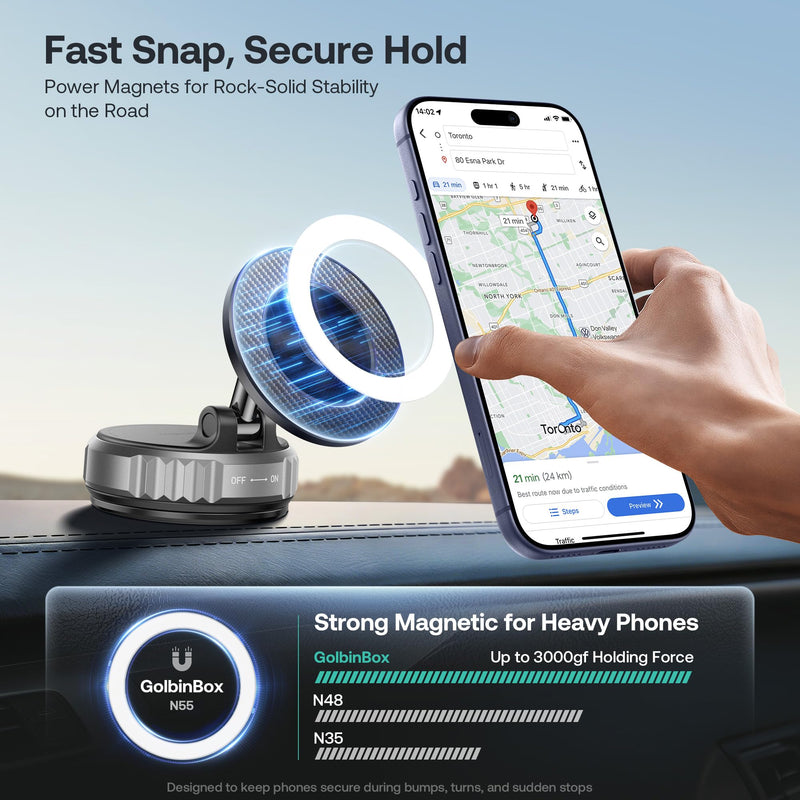 Golinbox Upgraded Nano Gel Vacuum Magnetic Car Phone Holder for MagSafe 360° Adjustable, [100+LBS Suction & 3000gf Magnetic] Suction Cup Phone Mount for Your Car/Gym/Mirror Mount for iPhone & Android