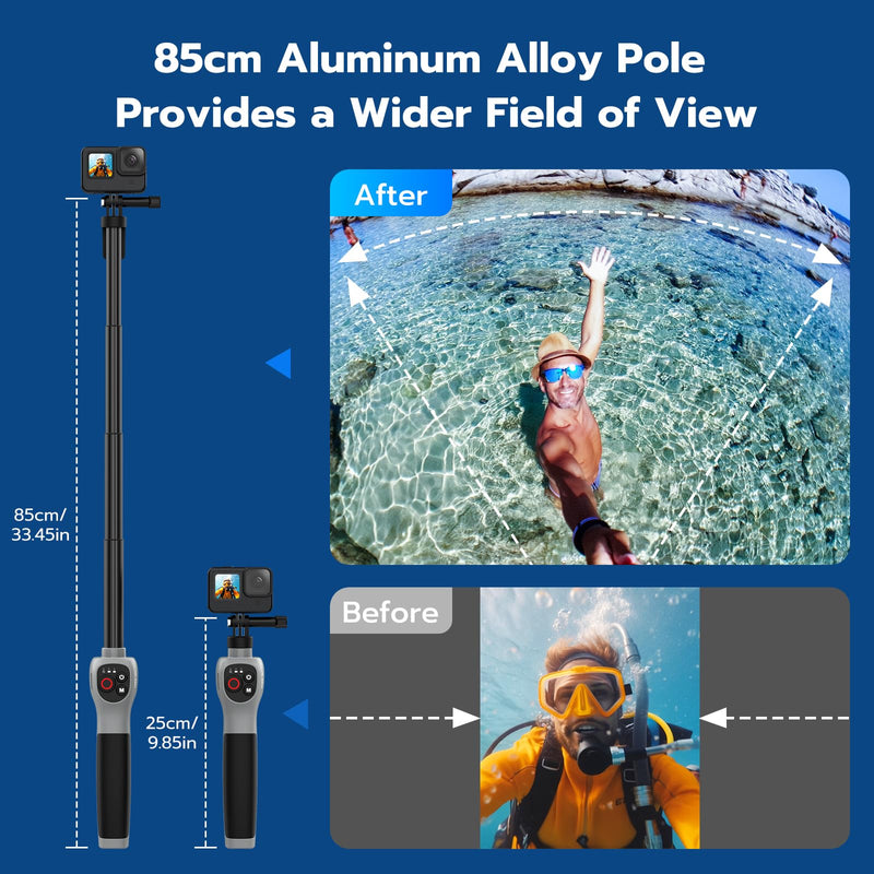 [AUSTRALIA] - 33inch Underwater Selfie Stick for GoPro Hero 13 12 11 10 9 8, with Bluetooth Remote Control, Waterproof & Extendable, 1 Hour Charging Time, 21 Hours Shooting for Diving Surfing Snorkeling 