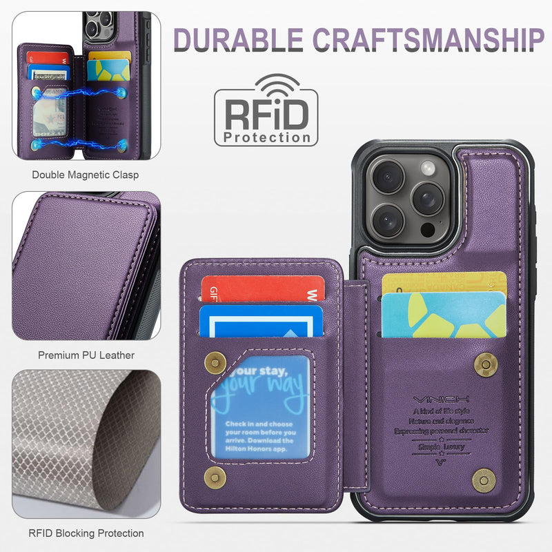 for iPhone 15 Pro Max Wallet Case with Card Holder, Case for iPhone 15 Pro Max with RFID Blocking for Women Men, Durable Kickstand Shockproof Phone Case for iPhone 15 Pro Max, Purple iPhone 15 Pro Max - 6.7"-(L)