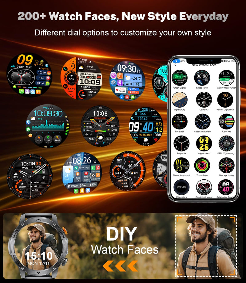 Military Smart Watches for Men(3 Bands),1000mAh/1.75" HD Large Screen Smartwatch, Flashlight/110+ Sports Modes/IP68 Waterproof/Sleep Monitor Fitness Tracker Watch for Android iOS,Gunmetal EF12-G