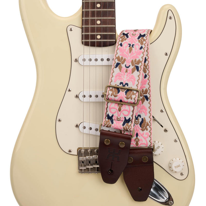 Amumu Pink Spades Heart Embroidery Guitar Strap - Vintage Style with Top Grain Cowhide Leather Ends & Pick Pocket - Fits Bass, Electric, Acoustic Guitars