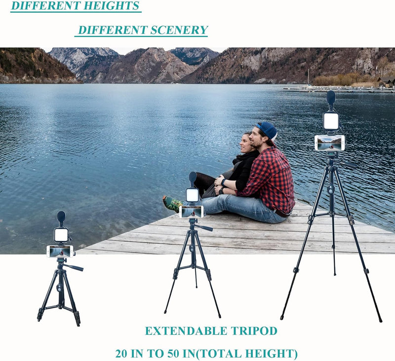 [AUSTRALIA] - Smartphone Video Kit, Vlogging Kit, Youtuber Kit, with Microphone Light Tripod 50" Extendable Phone Clip Remote Control Compatible with iPhone/Smartphone/Cameras 