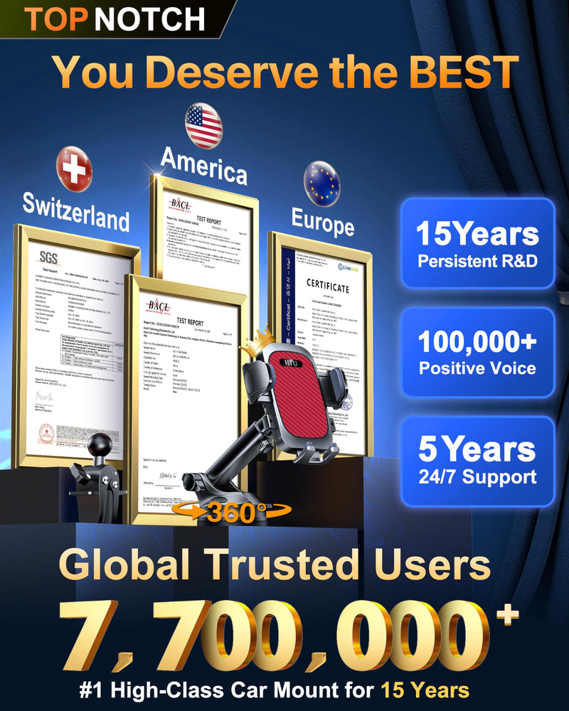 HTU 2026 Ultimate Best【True Military-Grade & Safety Cert】 Car Phone Holder | 【Upgraded 360 Rotation & 100LBS Strongest Suction】5-in-1 Truck Windshield Dashboard Vent Mount Stand for iPhone Android, Red