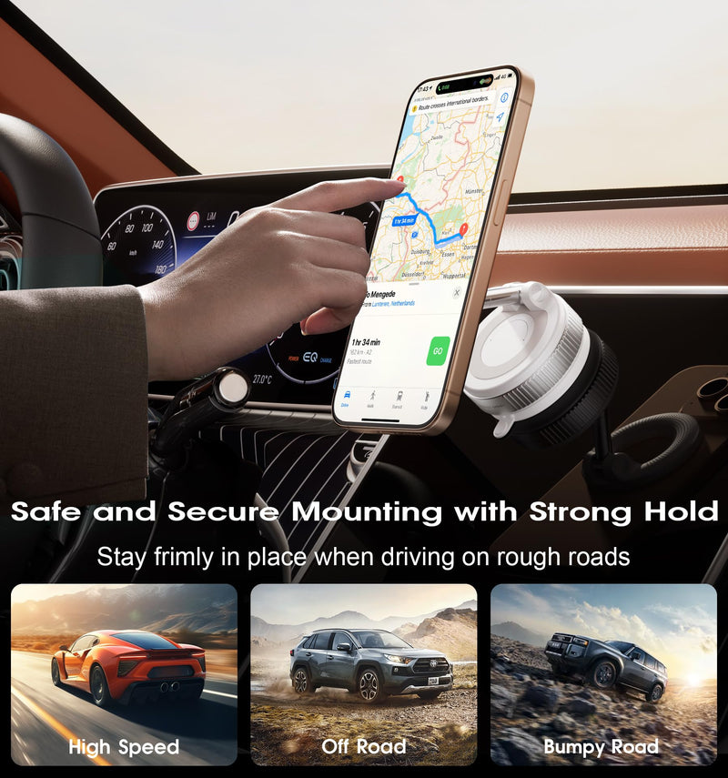 REOKILY Strong Magnetic Car Phone Holder for MagSafe Ultra Vacuum Suction Cup Phone Mount 360° Cell Phone Holders for Your Car Accessories for iPhone 16 15 14 13 12 Android White