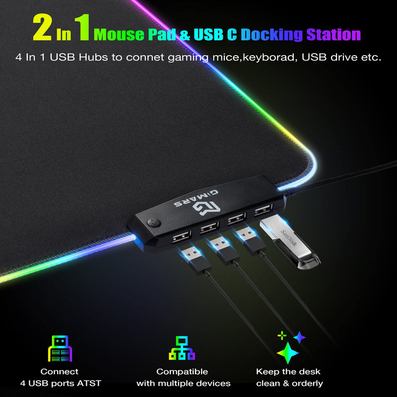 Gimars RGB Gaming Mouse Pad with 4 USB Hubs, 15 LED Light Modes Mouse Pad, Extra Large，Non-Slip Rubber Base, Waterproof Desk Pad for Desk Laptop Computer, PC Games, Office Black-RGB+Usb Port