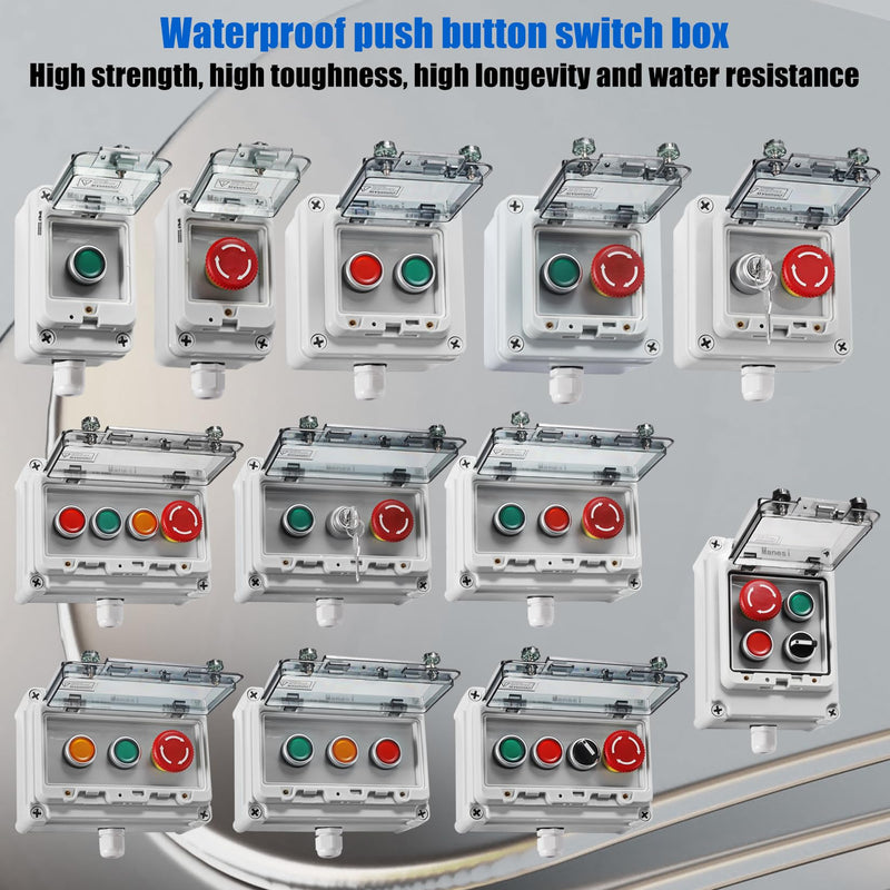[AUSTRALIA] - Push Button Station IP67 Outdoor Waterproof Button Switch Box Emergency Stop Button Switch and Instantaneous Button Switch (Green and Red) with Protective Cover Anti-Misoperation Switch 