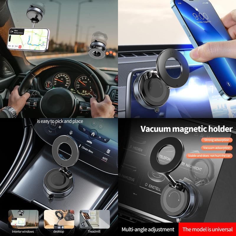 Vacuum Magnetic Phone Holder for Car Phone Holder 360° Adjustable Car Phone Mount for Magsafe Cell Phone Holders for Your Car for iPhone 16 Pro Max 15 14 13 12 Plus & Android (Black) Black