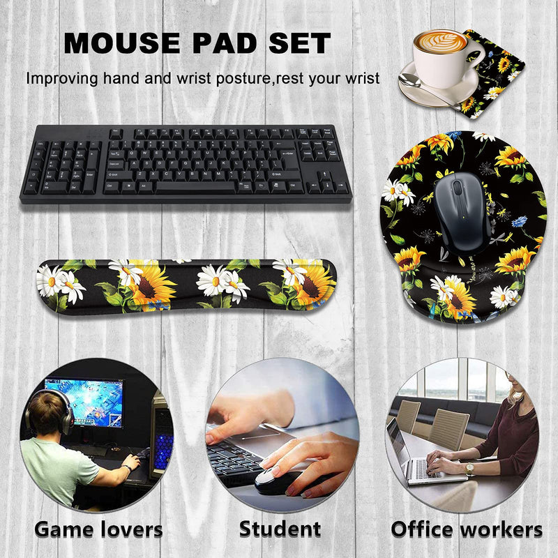 Keyboard Wrist Rest and Mouse Wrist Rest Pad with Cup Coaster,Made of Memory Foam,Ergonomic Support,Easy-Typing and Pain Relief,for Gaming Office Home Computer,You are My Sunshine Sunflower Dragonfly You Are My Sunshine Sunflower Dragonfly