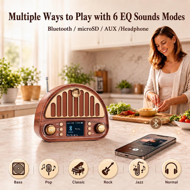 Eoxsmile Retro Portable FM Radio with NOAA Weather Alert & Bluetooth | MicroSD playback, 40 presets, dual alarms, sleep timer, clock/date display, 3000mAh rechargeable battery for bedroom and home