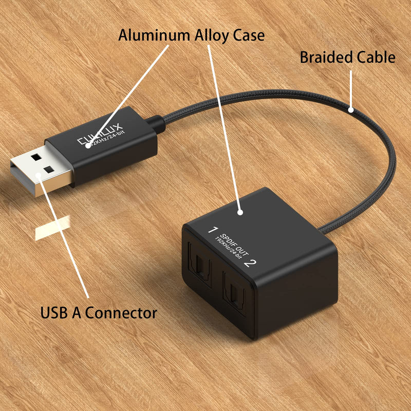 Cubilux USB A to Dual TOSLINK Optical Audio Splitter, USB Type A to Double SPDIF Converter, USB 2-Way S/PDIF Adapter Compatible with PS4/PS5 Lenovo Dell HP Laptop Computer Surface USB A to Dual SPDIF