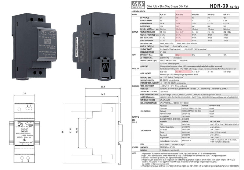 Mean Well Hdr 30 12 Power Supply DIN Rail Single