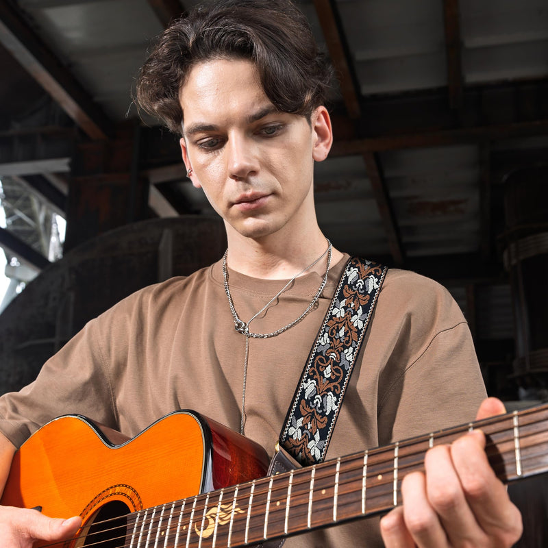 Guitar Strap, Jacquard Embroidered Cotton Guitar Straps with Double Sided Vegetable Tanned Cowhide Leather Ends for Bass, Electro Acoustic, Great Gift for Kids and Guitarists Brown Jacquard Lotus pattern jacquard in brown Adjustable 38-63 inches