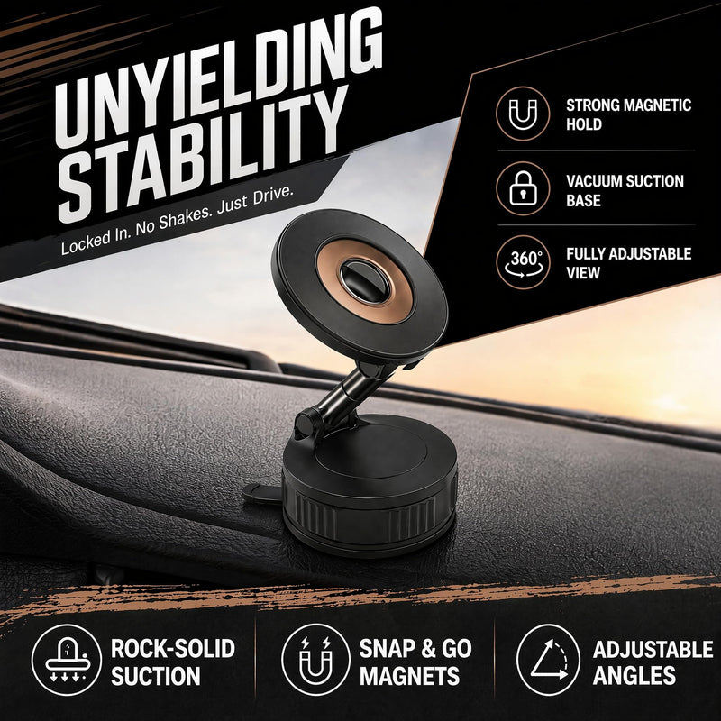 Vacuum Lock Magnetic Car Phone Holder, 5lbf Strong Suction, 360° Adjustable Triple-Axis Phone Stand, Reusable Washable PU Gel Base for iPhone 12-16 Series, Android Smartphones, Black