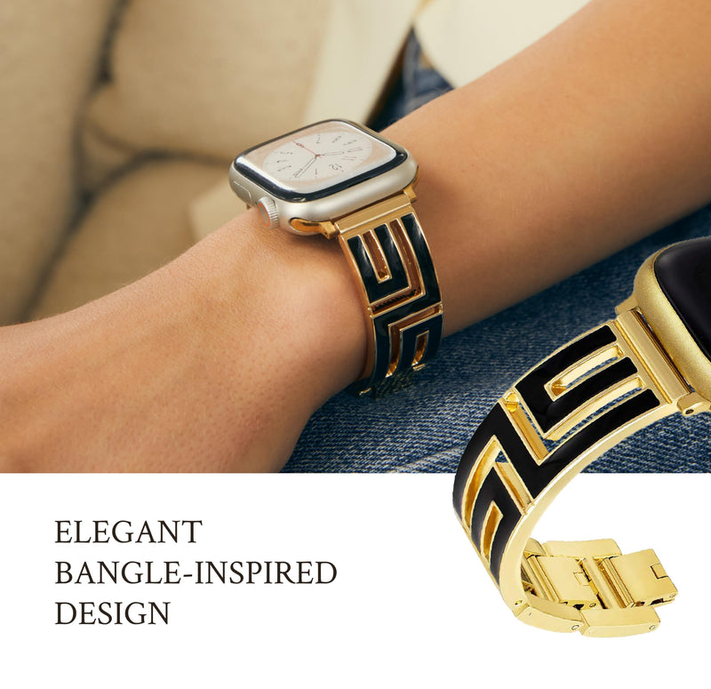 Hollowed-Out Geo Metal Watch Band for Women Compatible with Apple Watch 38/40/41/42/44/45/46/49mm Series11/10/9/8/7/6/5/4/3/2/1，Lucky Bangle Bracelet Designer Gold 42(Series 3 2 1)/44/45/46/49mm