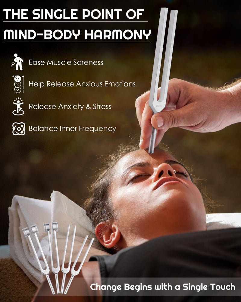 Tuning Forks for Healing Set-128Hz, 136.1Hz, 256Hz, 384Hz Weighted & Unweighted with Activator & Pouch-Complete Sound Therapy Kit for Chakra Balancing, Yoga, Meditation, Stress Relief & Energy Healing