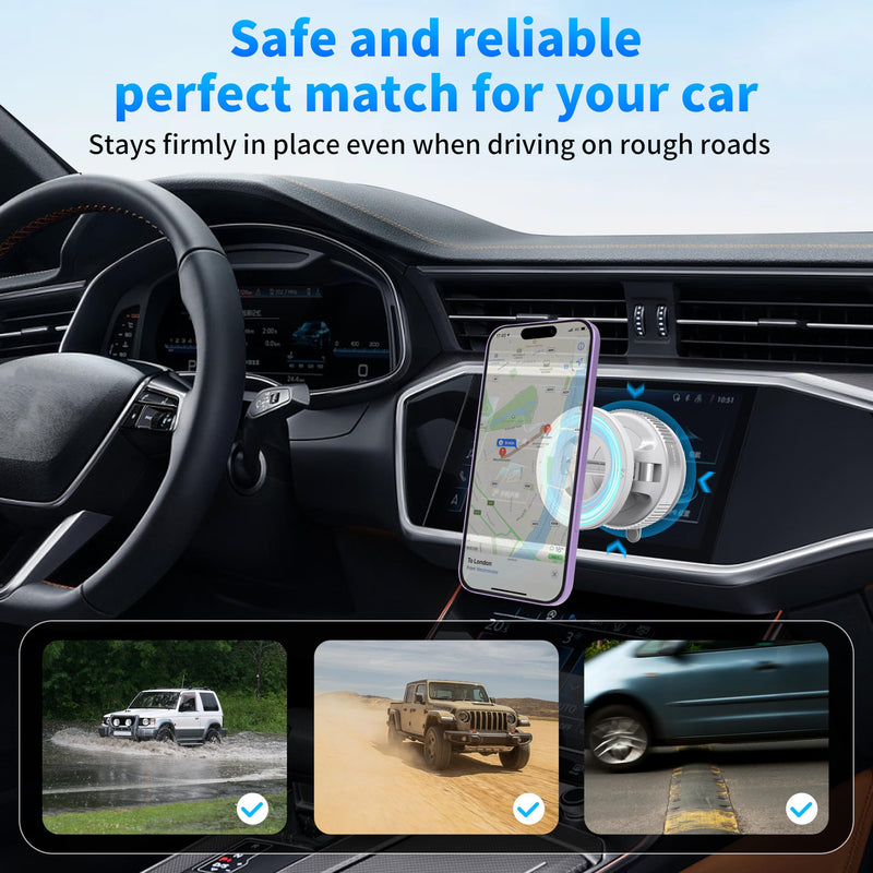 Phone Holders for Your Car, 24 Built-in Strong Magnets & Swivel Suction Cup, Vacuum Suction with Twist-Button Release, Foldable & Reusable for MagSafe & Magnetic Cases, White Stand type - white