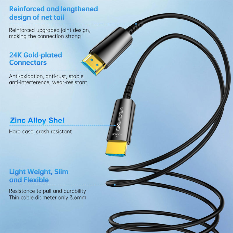 Fiber Optic HDMI Cable 100 FT, 8K@60Hz 4K@240Hz, Thin Extra Long HDMI Cable 48Gbps Ultra High Speed, Dynamic HDR, eARC, HDCP 2.2&2.3, 3D, Compatible for PS4/5/Xbox/TV/Laptop/Monitor
