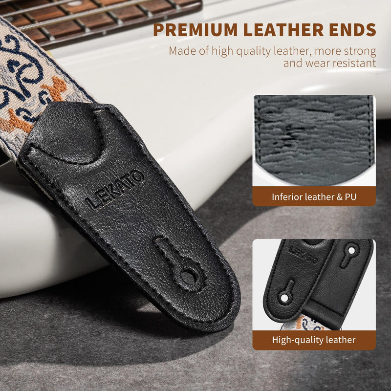 LEKATO Guitar Strap for Electric Bass Acoustic Guitar, Floral Jacquard Embroidery 2? Wide Guitar Straps Bass Strap Padded Guitar Straps with Picks & Blocks (Blue Flower White)