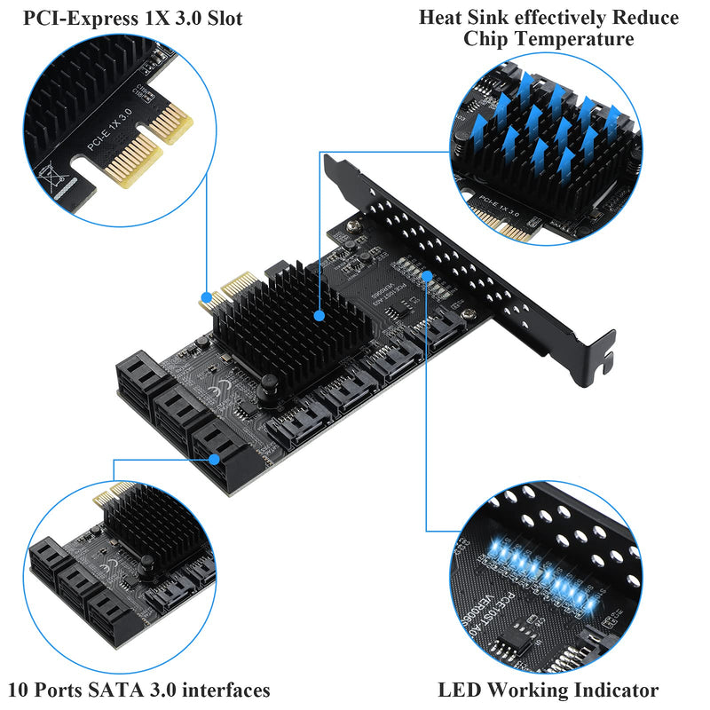 PCIE SATA 10Ports Card, PCI-E to SATA3.0 6Gbps, SATA Controller, PCI Express Expansion Card with 10 SATA Cable, Compatible with WIN8/WIN10/Ubuntu