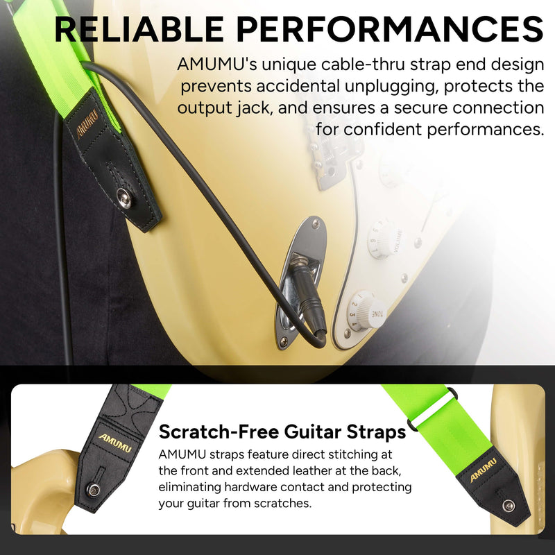 Amumu DURALINK Nylon Seatbelt Guitar Strap with Top Grain Leather Ends for Acoustic, Electric, Bass Guitar, with Quick-Fetch Pick Holder -Neo Green Neo Green