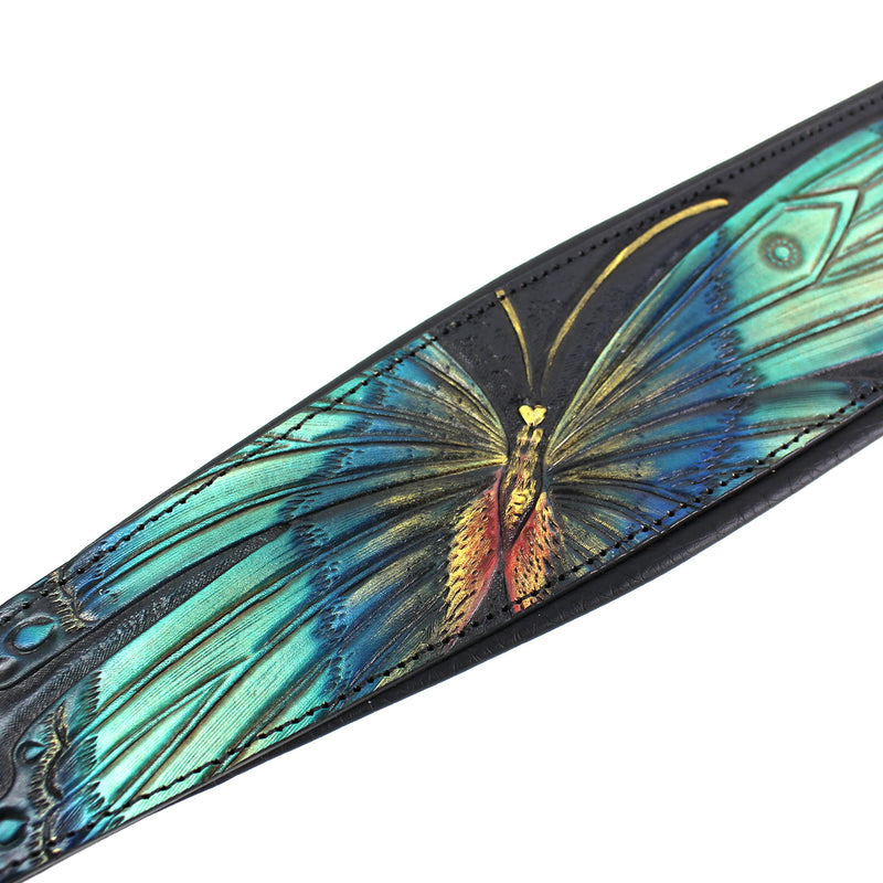 Walker And Williams KB-57 Handmade Large Vivid Blue Butterfly Padded Guitar Strap Hand Carved On Premium Black Carving Leather For Acoustic, Electric, And Bass Guitars