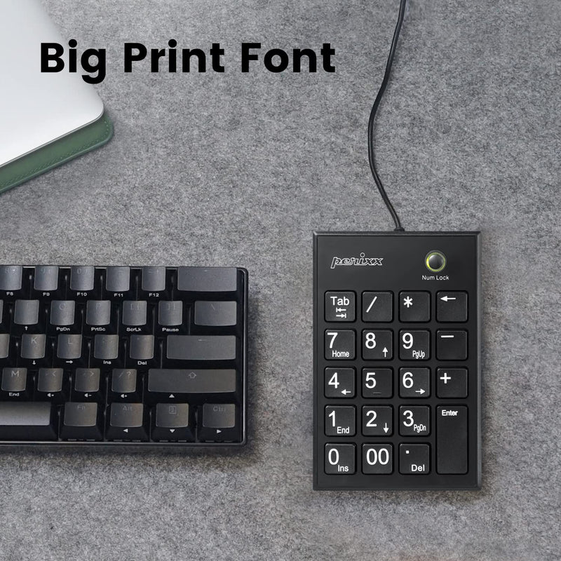 [AUSTRALIA] - Perixx PPD-202 Wired 19 Keys Slim Numeric Keypad, Big Print Font, Silent Notebook Scissor Key Number Keypad with Tab Key and Num Lock, Black USB only 