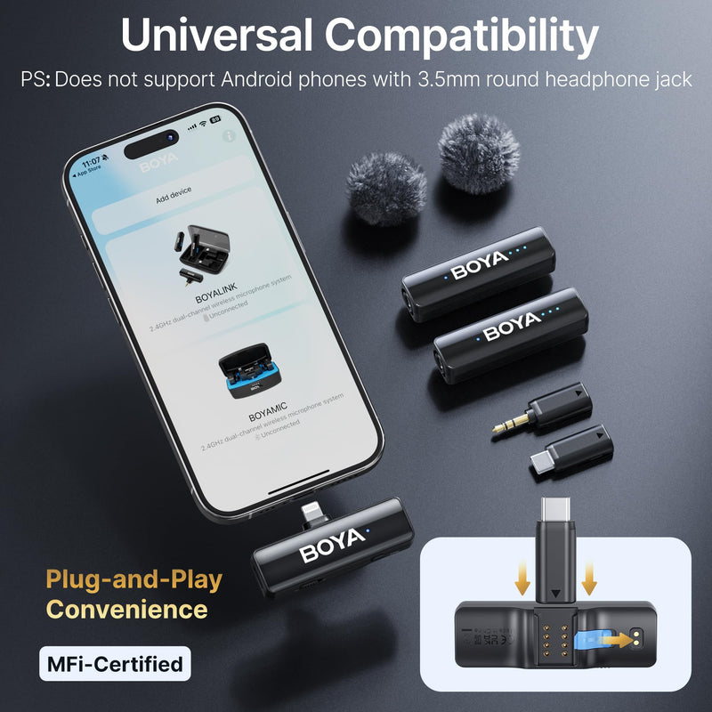 BOYA BOYALINK 2 A2 (2TX+3RX Adapter) Wireless Lavalier Microphone for iPhone Camera Android, Clip on Mic, 48 KHz 24 Bit, 6mm Mic, 1000ft, Noise Cancelling, Mini Lapel Mic USB-C/Lightning/3.5mm TRS BOYALINK V2.0 A2