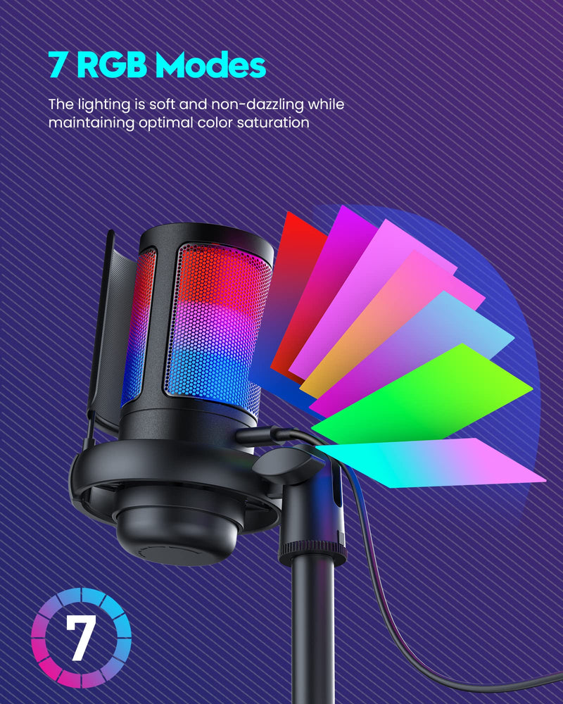 Gaming Microphone, USB PC Mic for Podcasts Videos, Streaming, Condenser Mic with Quick Mute, Tripod Stand, Pop Filter, RGB Indicator, Shock Mount, Rotate gain button, Compatible with PS4/5/PC With Stand