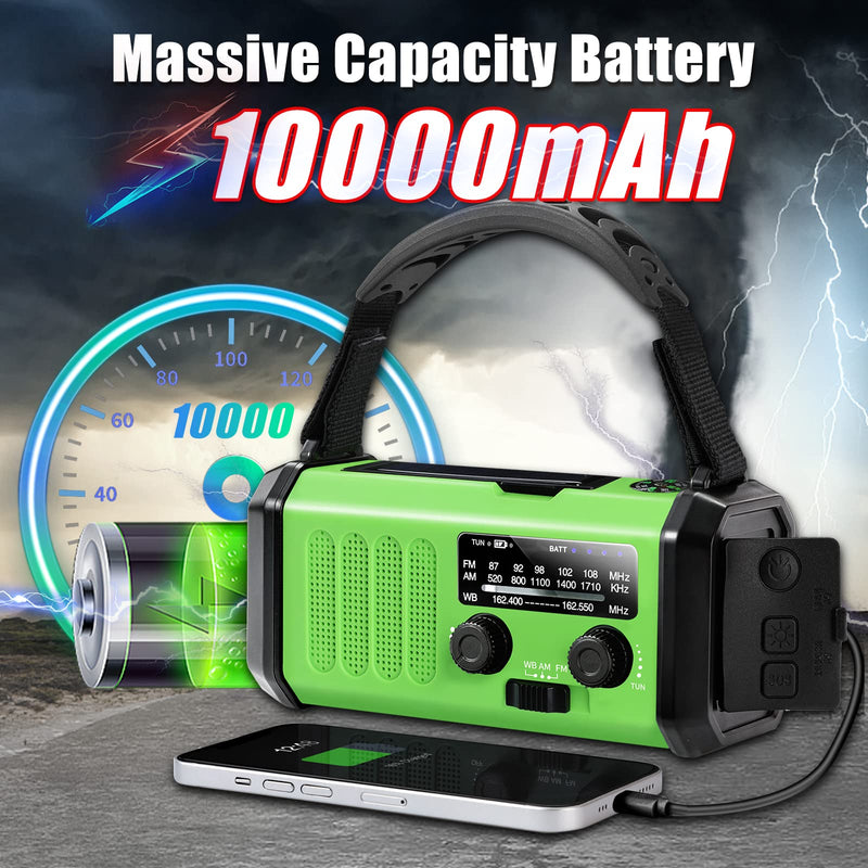 10000mAh Emergency Radio, Crank Radio, Solar Radio, NOAA/AM/FM Weather Radio, Type-C Charging Portable Radio, 3 Mode Flashlight, 5W 700LM Reading Lamp, SOS, Compass for Camping grass green