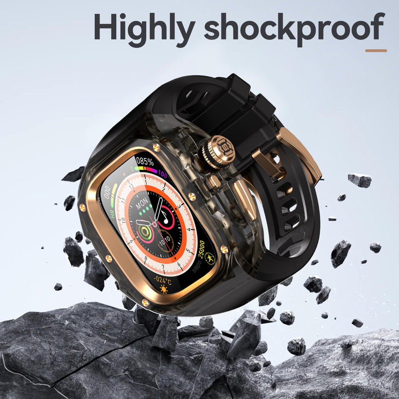 VeveXiao Transparent Designer Rugged Case with Band Compatible with Apple Watch Ultra 3/Ultra2 49mm Band,Luxury Crystal Clear Military Protective Cover Bumper Tactical iWatch Ultra Strap Black Rose Gold Black 1