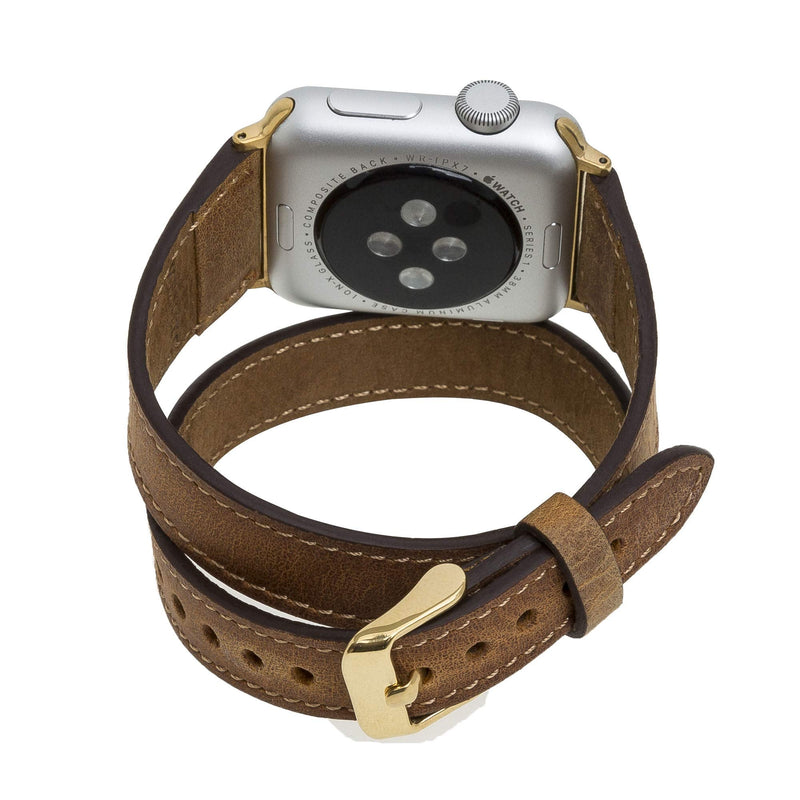Venito Serena Slim Double Wrap Leather Watch Band Compatible with Apple Watch iwatch Series 1, 2, 3, 4, 5, 6, 7, SE (Antique Brown w/Gold Stainless Steel Hardware, 38mm-40mm)