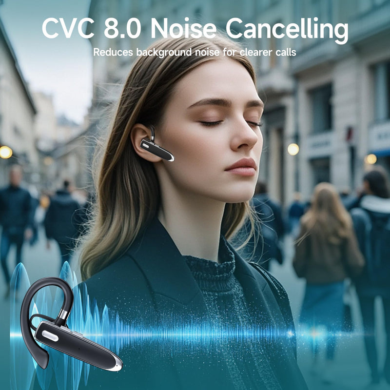 Wireless Single Ear Bluetooth V6.1 Headset, Business Earpiece with Mic | CVC8.0 Noise Cancelling,100H Playtime, LED Display, Dual Device Pairing, Mute Button for Office, Driving, Trucker Black