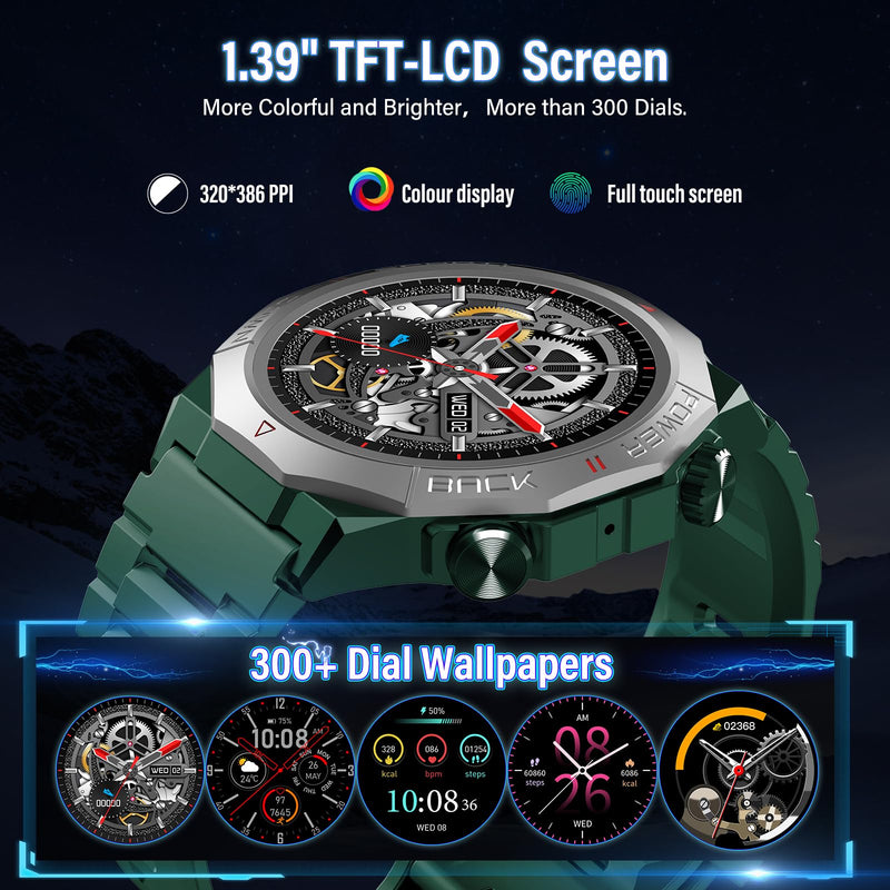 Qecnato Military Smart Watches for Men (Answer/Make Calls), 1.39" HD Watches, Heart Rate/Sleep Monitor, 110+ Sports Modes Watch for Men, Waterproof Watch, 30Day, Watches for Android/iPhone, Green