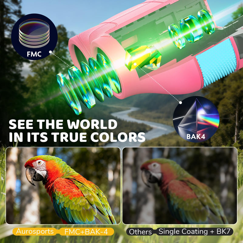 [AUSTRALIA] - Aurosports 15x25 Compact Binoculars for Kids - Small Binoculars Lightweight with Carrying Case Birding Guide for Bird Watching Hiking Camping Travel Gift for 8-12 Years Boys Girls (Pink) Pink 